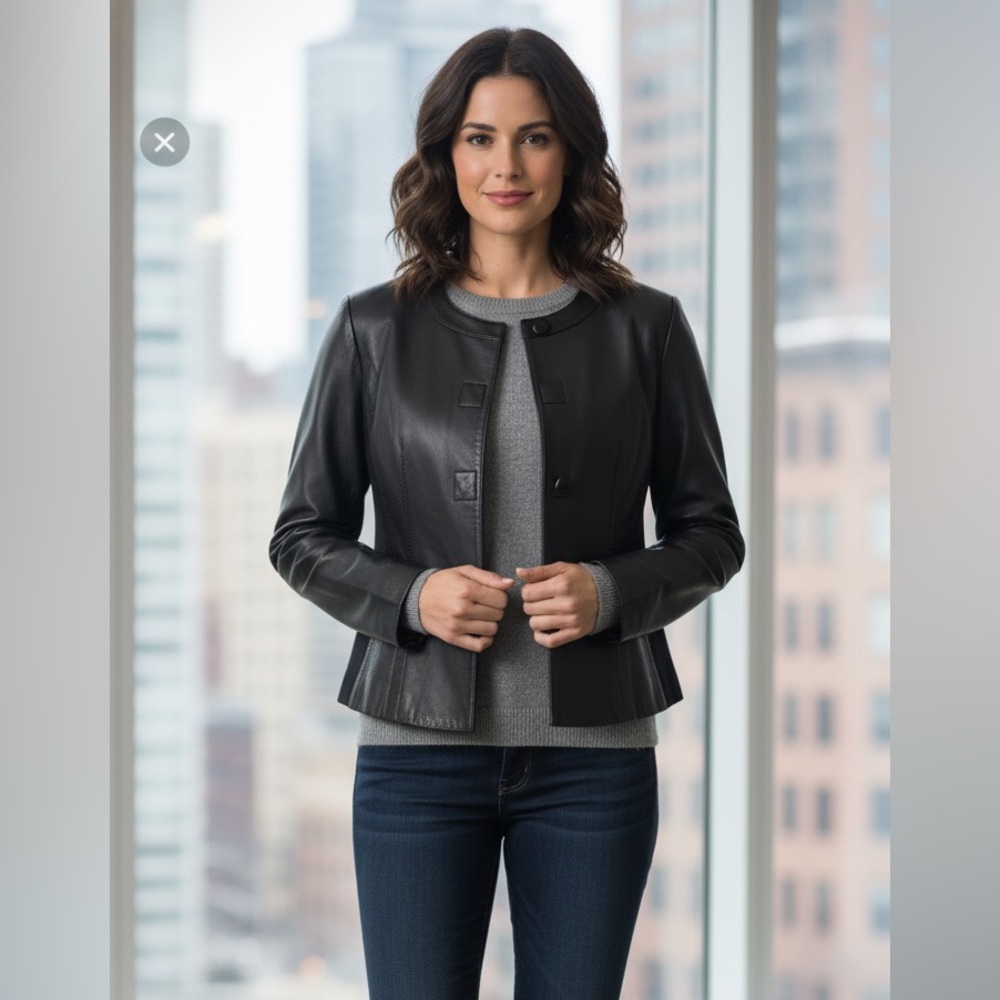 Anne Klein Stretch Black Leather‎ Jacket PS Petite Small